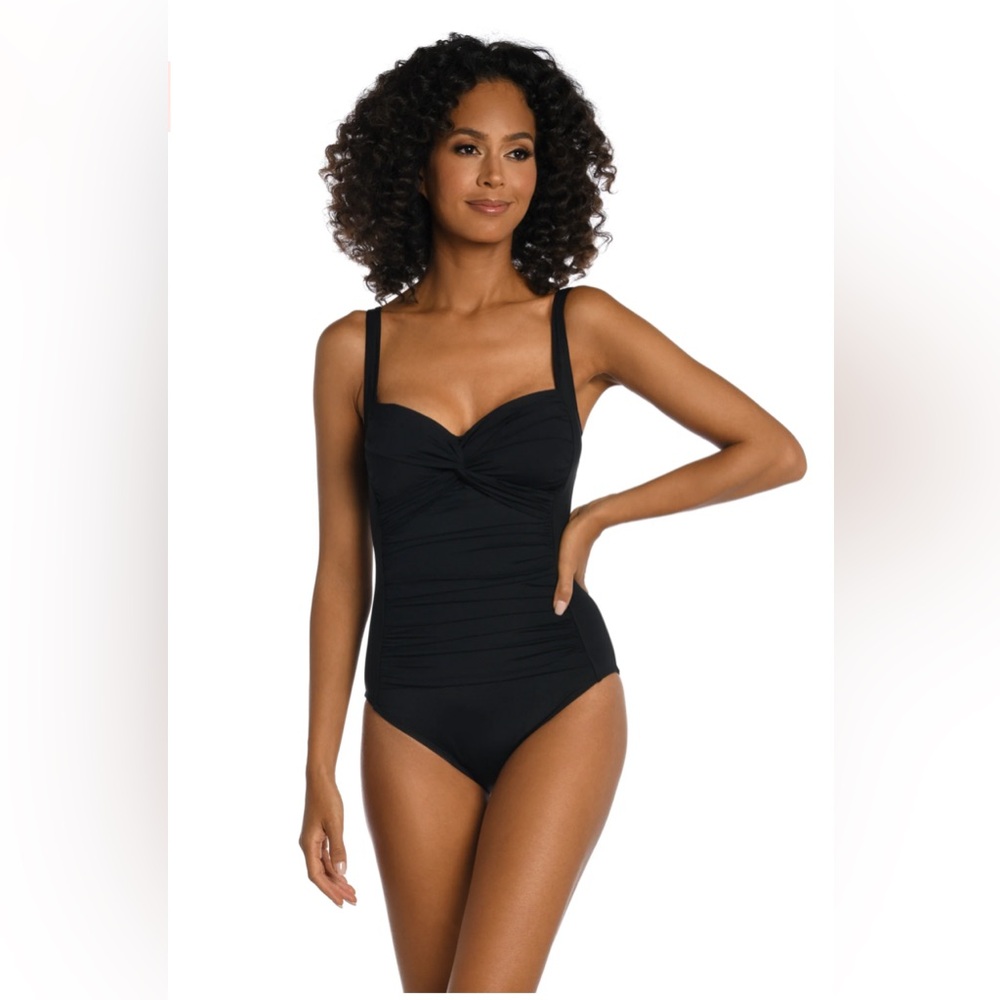 La Blanca Island Goddess Twist Shirred One Piece - Black, Size 10, $129